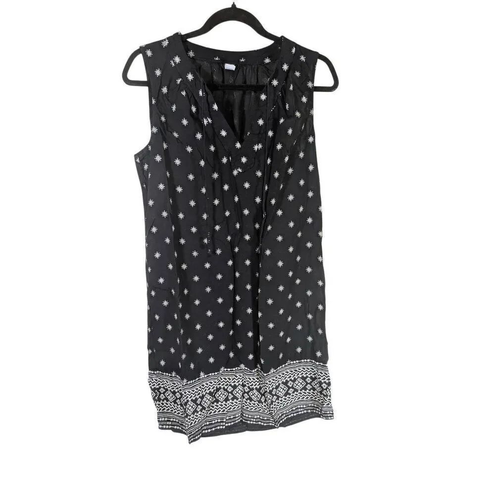 Old Navy Black & White Sleeveless Tie-Neck Shift Dress for Women Medium